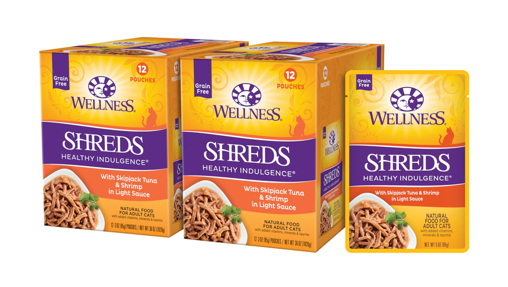 Wellness Healthy Indulgence Shreds tuna pouch, protein-rich meal for daily feeding.