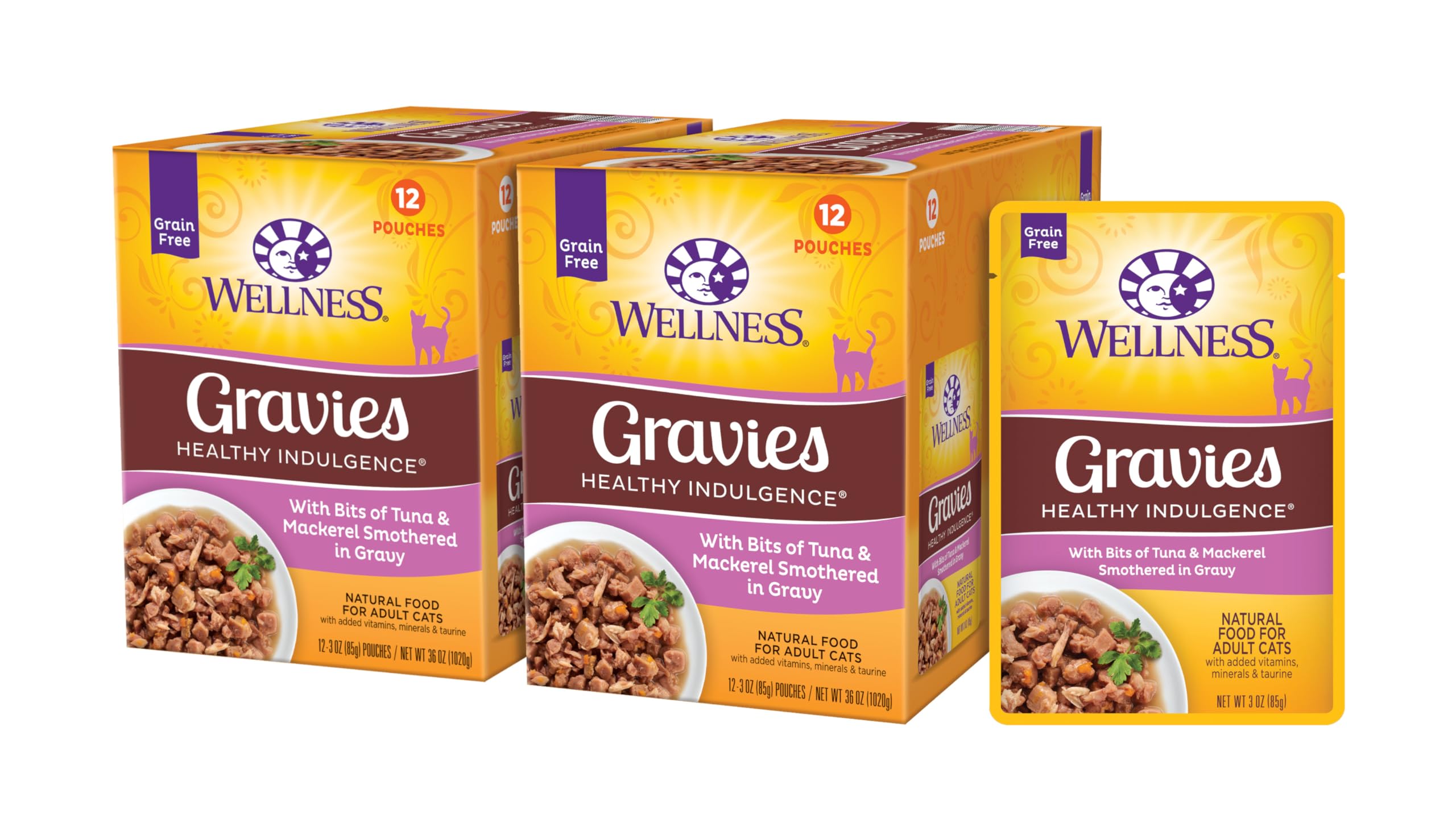 Wellness Healthy Indulgence tuna-mackerel pouch shows grain-free protein for cats.