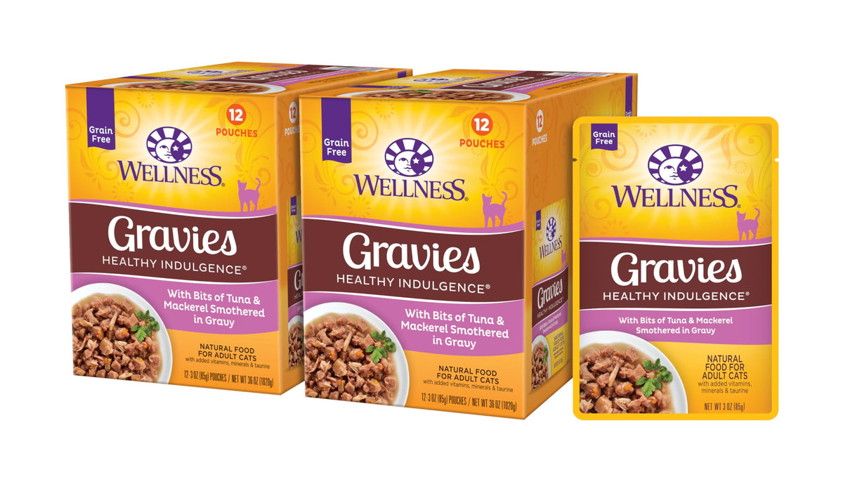 Wellness Healthy Indulgence tuna-mackerel pouch shows grain-free protein for cats.