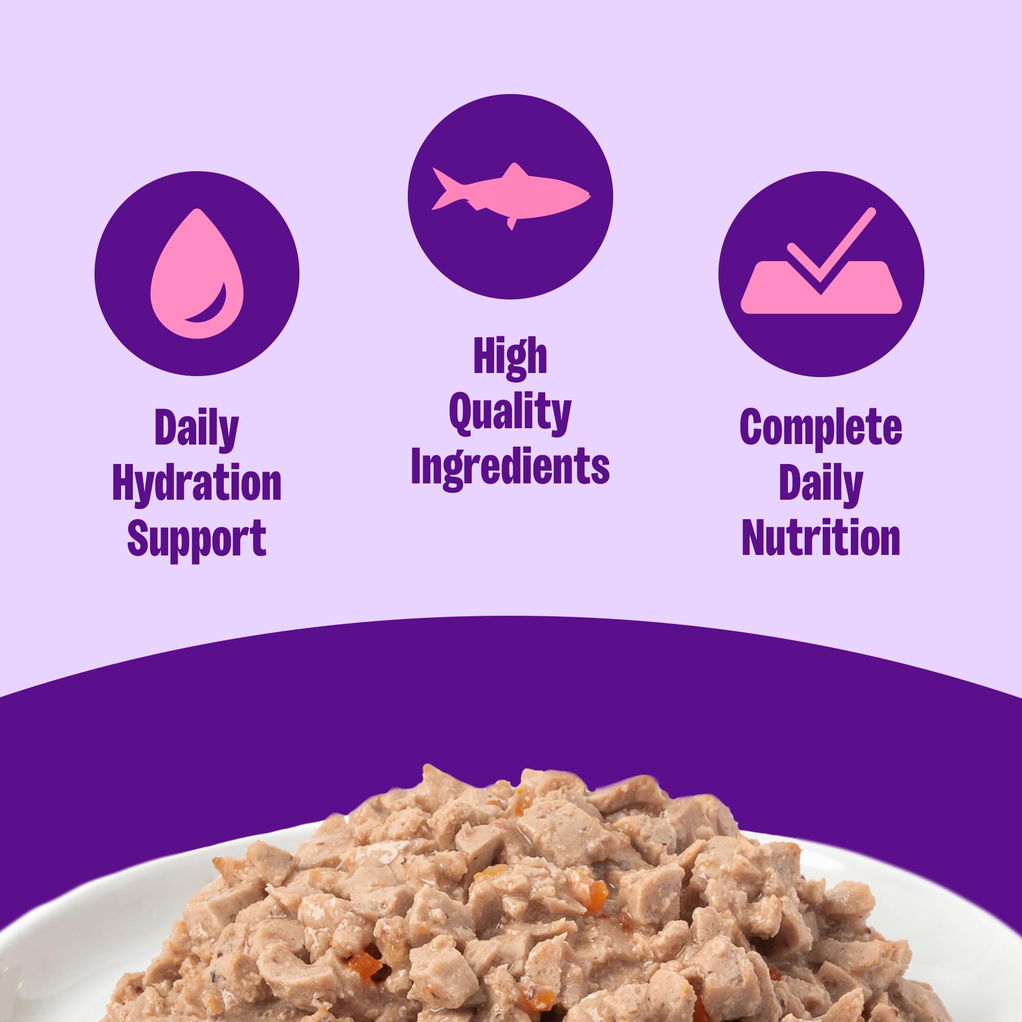 Wellness Minced Tuna Dinner close-up shows tiny tuna pieces in light gravy for easy chewing.