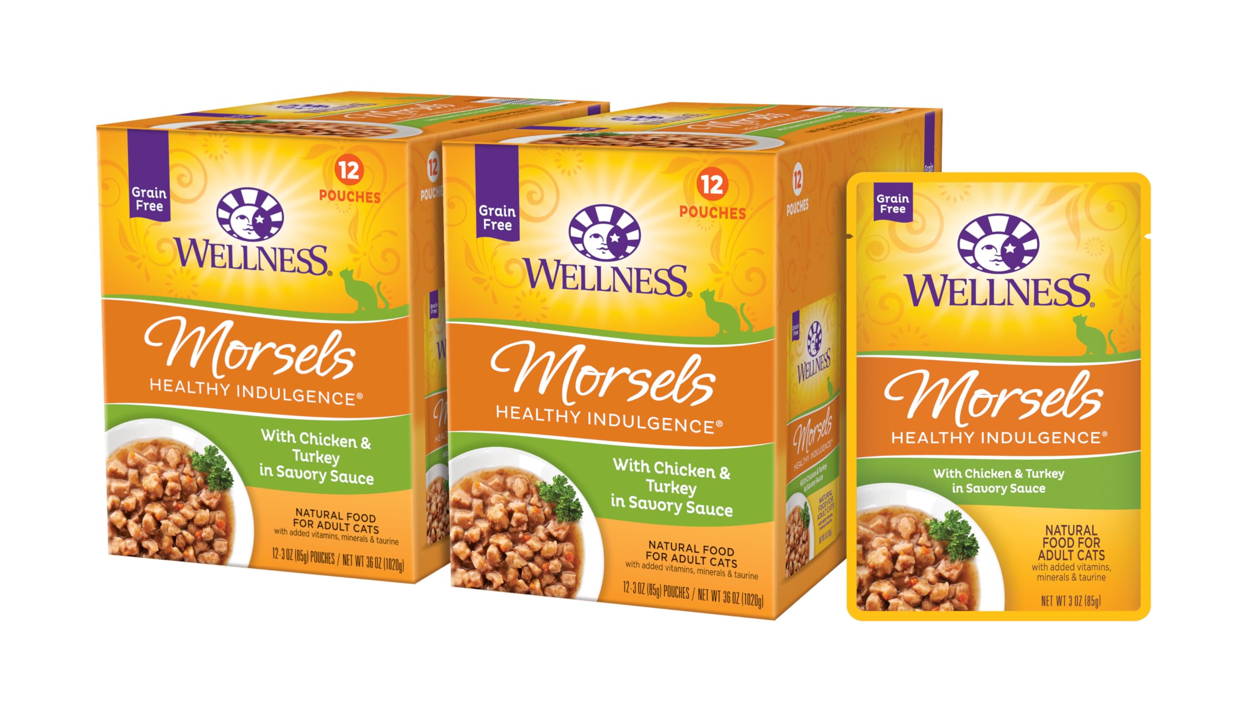 Wellness Healthy Indulgence Morsels pouch with chicken and turkey served, an easy protein-rich meal for cats.