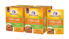 Wellness Healthy Indulgence Morsels pouch with chicken and turkey served, an easy protein-rich meal for cats.