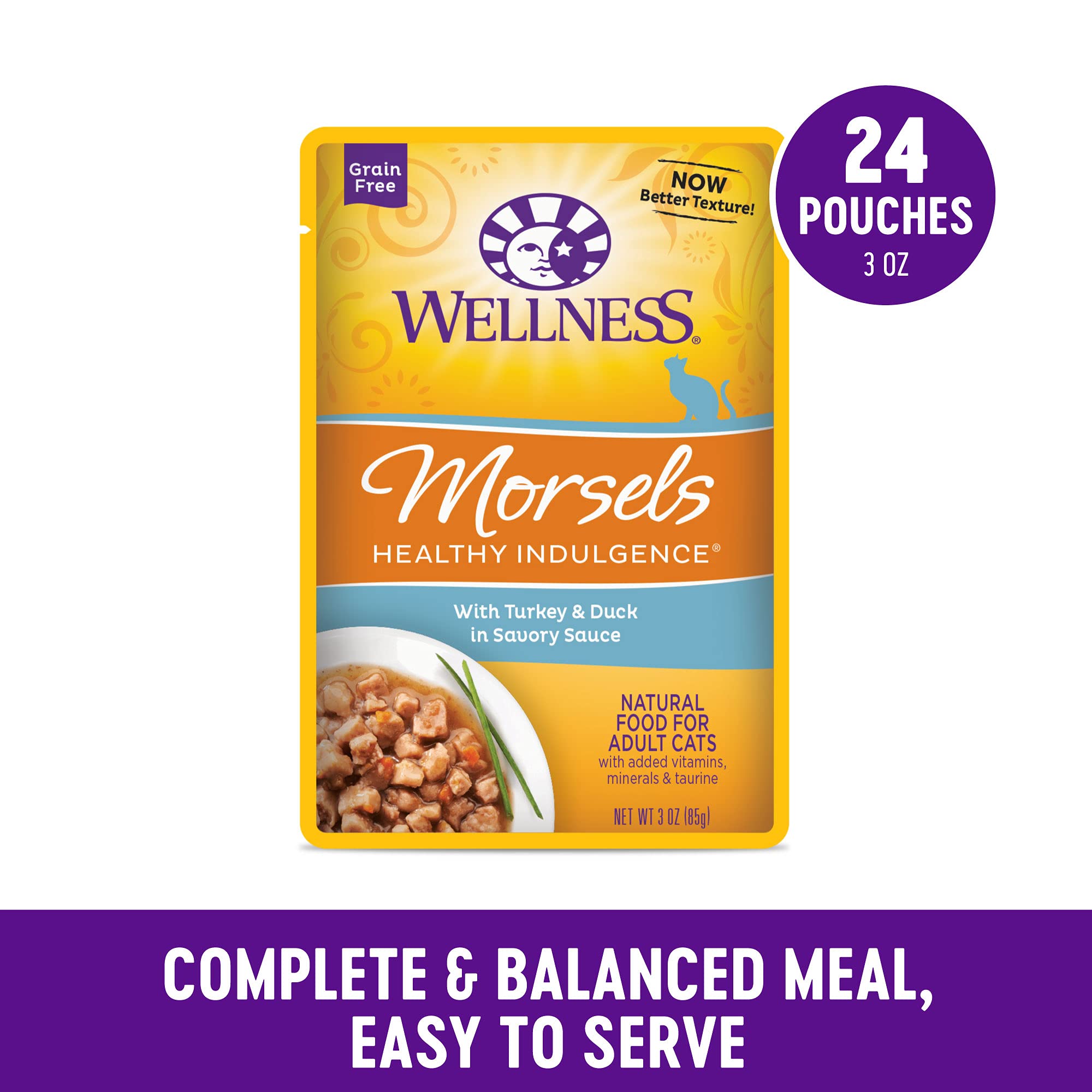 Wellness turkey-duck wet cat food in gravy offers easy serving.
