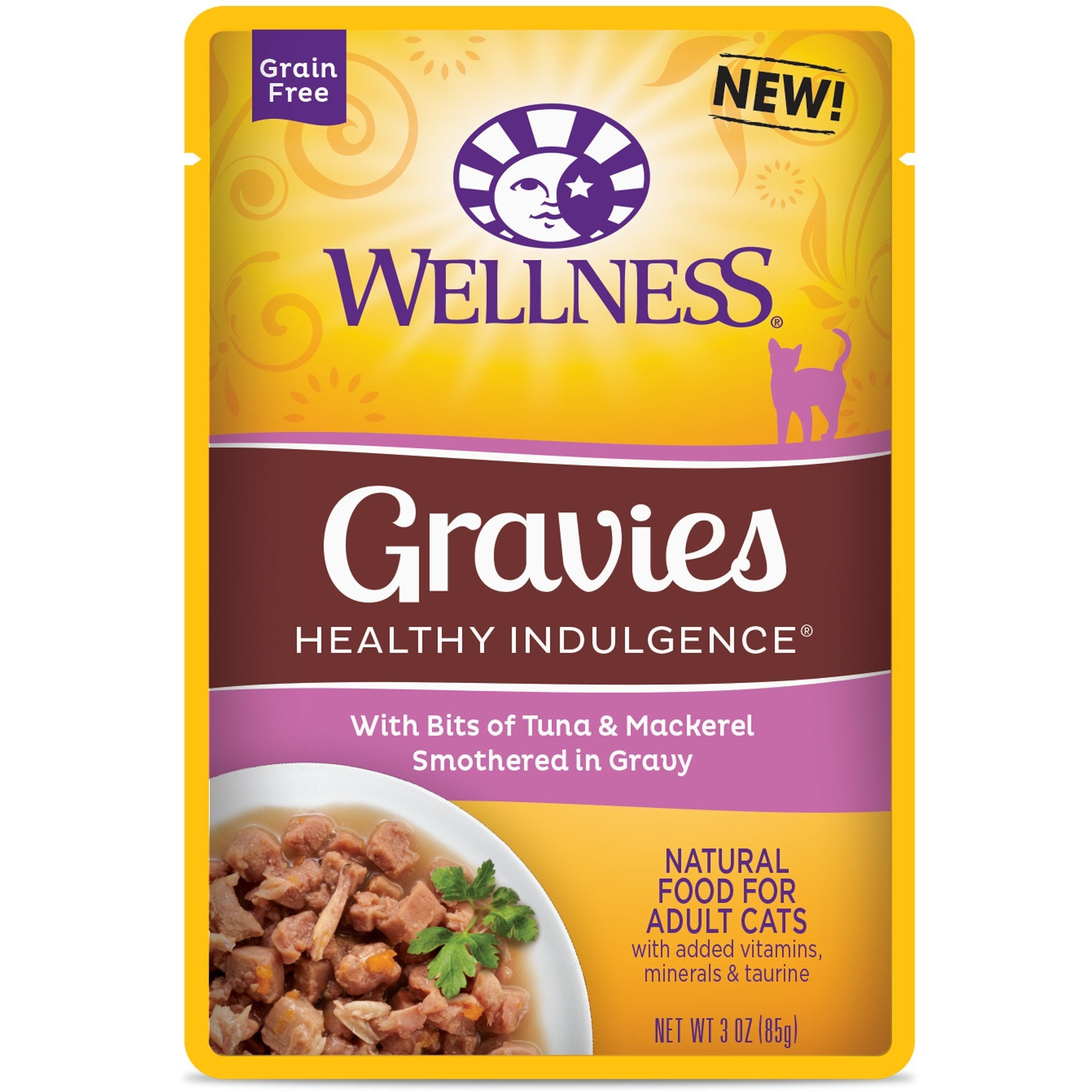 Wellness Natural Indulgence tuna and mackerel gravies for cats, moisture-rich daily meal.