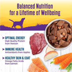 Salmon oil contributes omega fatty acids for coat health in Wellness stew.