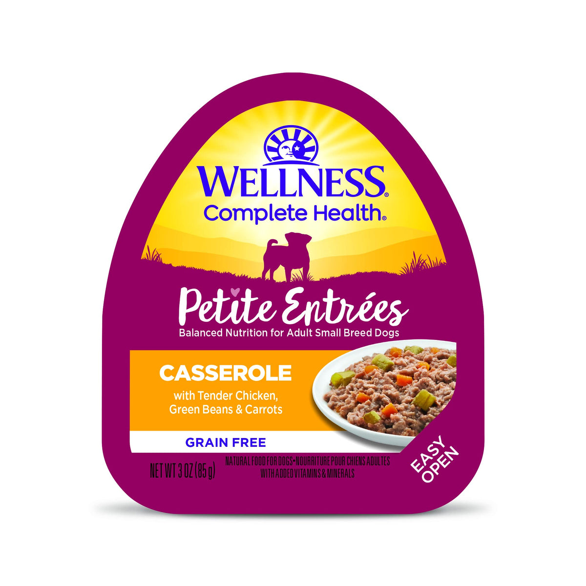 Wellness Petite Entrees Casserole: tender chicken bites in savory gravy support small breed energy.