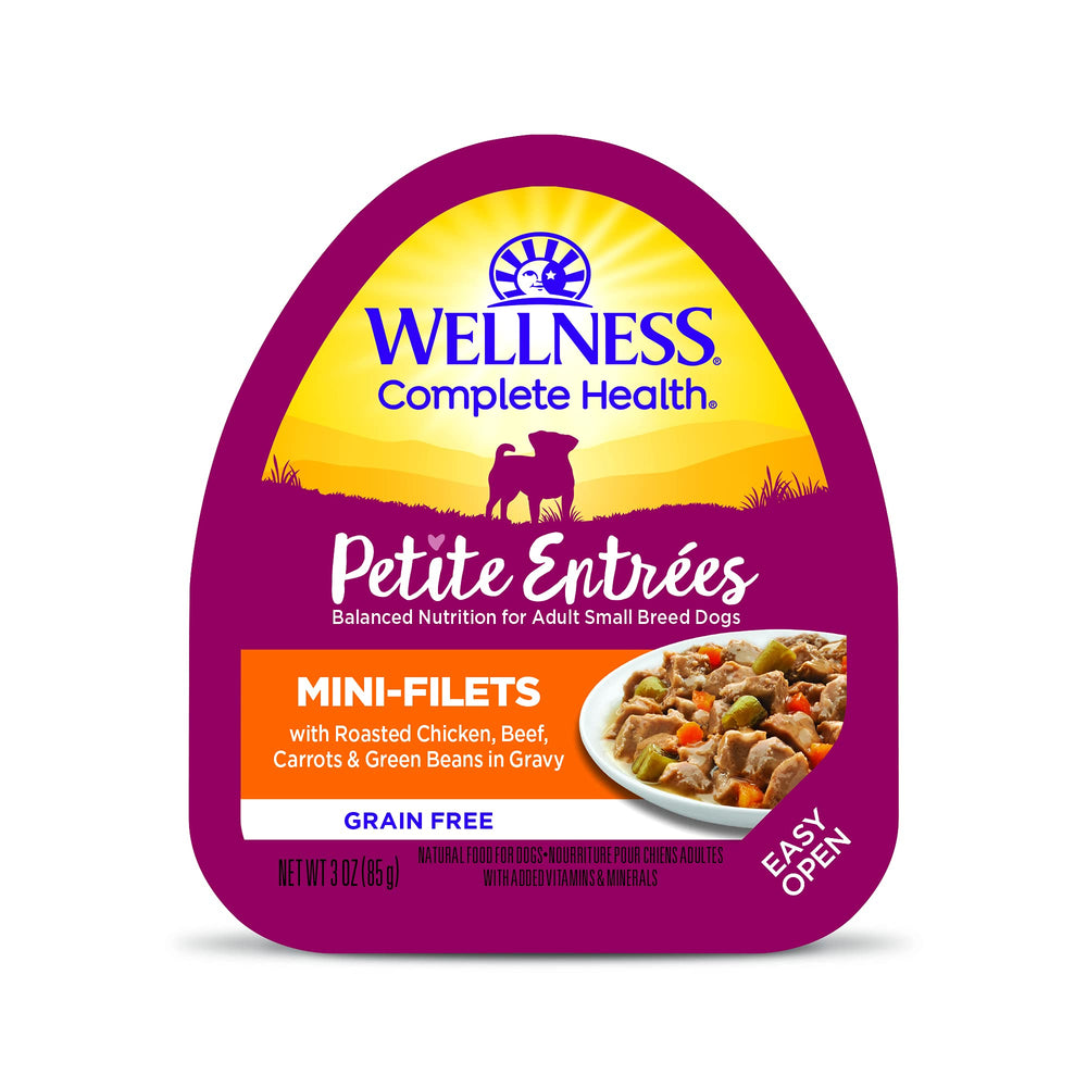 Wellness Petite Entrees chicken fillets image showing tender bites for small dogs' daily meals.