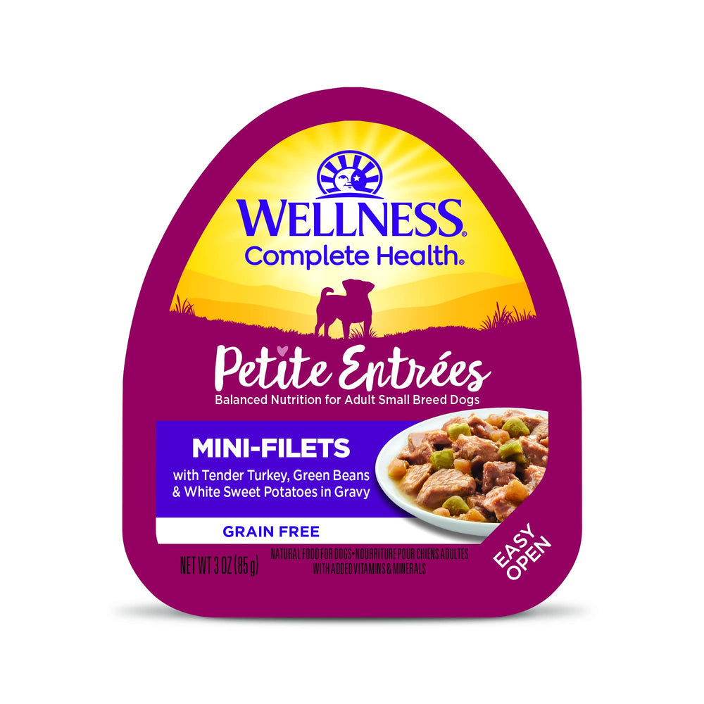 Welless Petite Entrees Mini Fillets turkey cup with greens and sweet potato for small dogs—easy, complete meal.