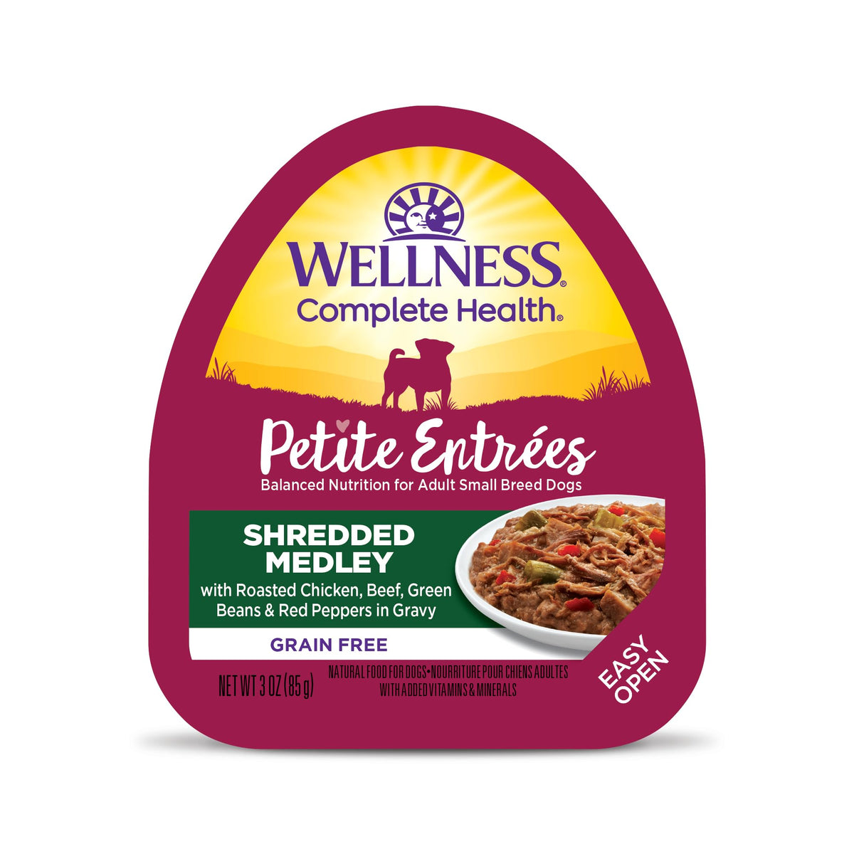 Wellness Petite Entrees shredded medley featuring chicken and beef for small dogs.