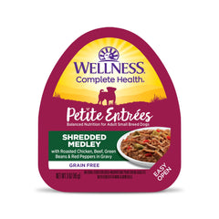 Wellness Petite Entrees shredded medley featuring chicken and beef for small dogs.