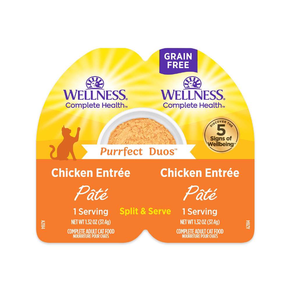 Wellness Purrfect Duos Chicken Pate dual cups for split meals and easy feeding.
