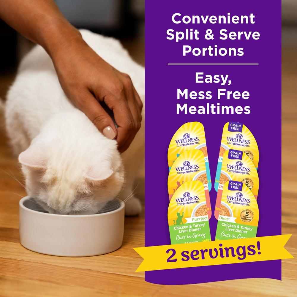 Wellness Purrfect Duos chicken-tuna-gravy cups showcase savory textures.