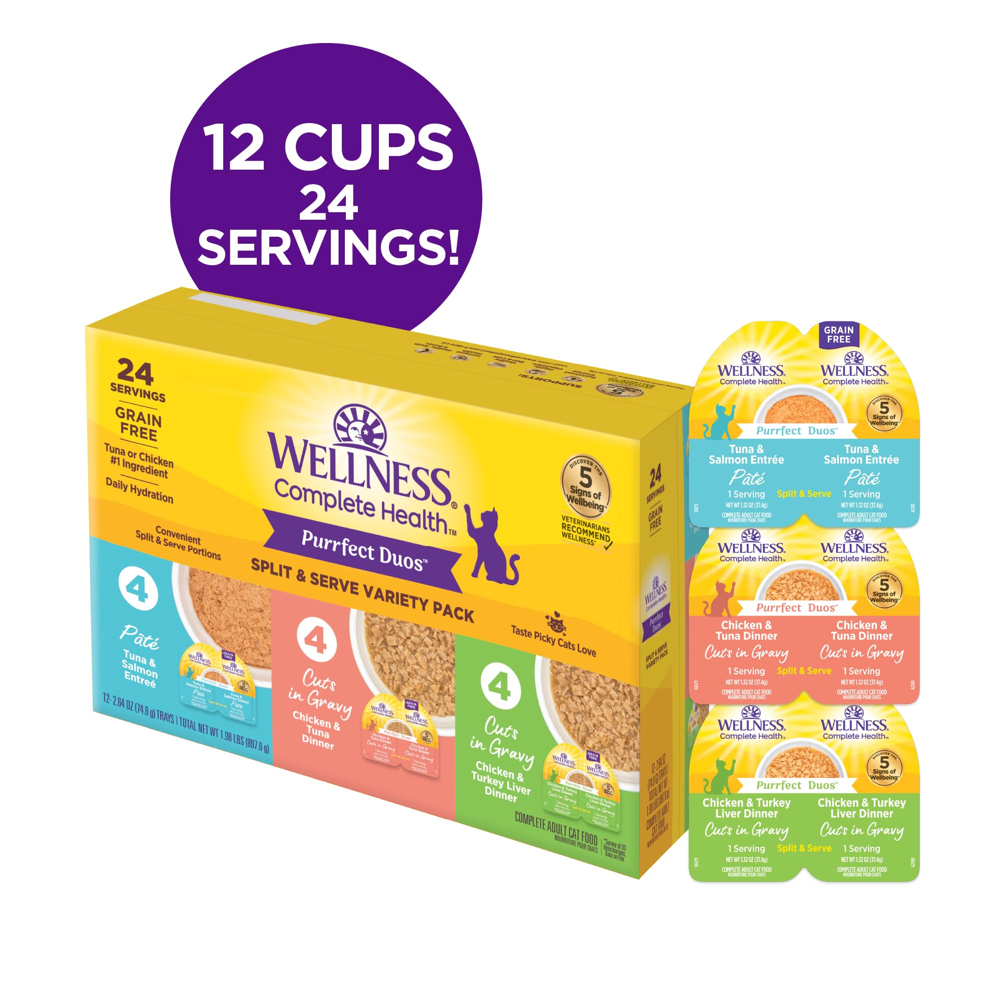Wellness Purrfect Duos split cups in pack enable mess-free serving.
