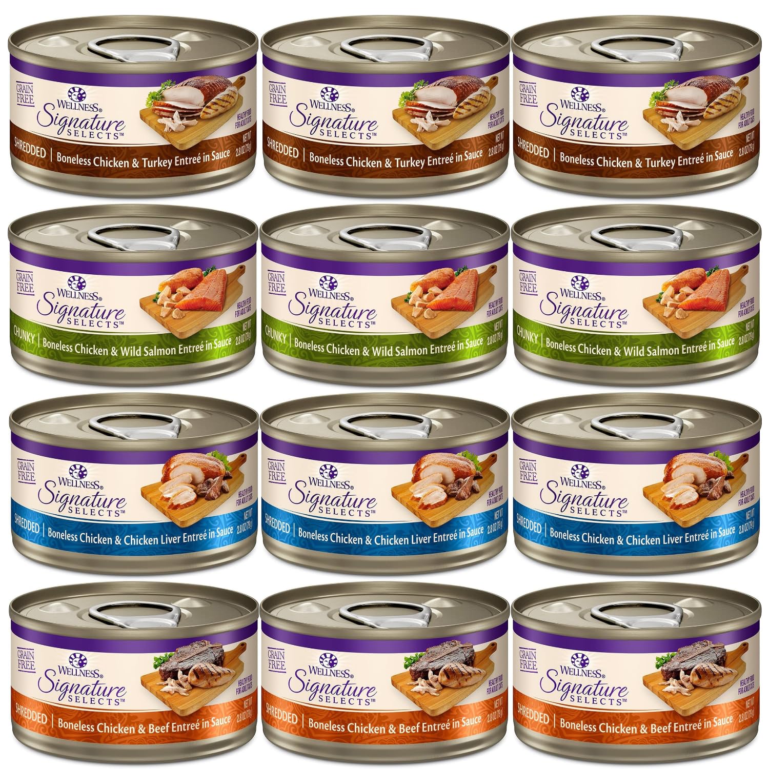 Wellness Signature Grain Free Wet Cat Food with lids on 12 cans supports convenient storage and feeding.