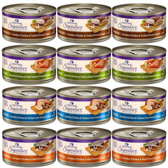 Wellness Signature Grain Free Wet Cat Food with lids on 12 cans supports convenient storage and feeding.