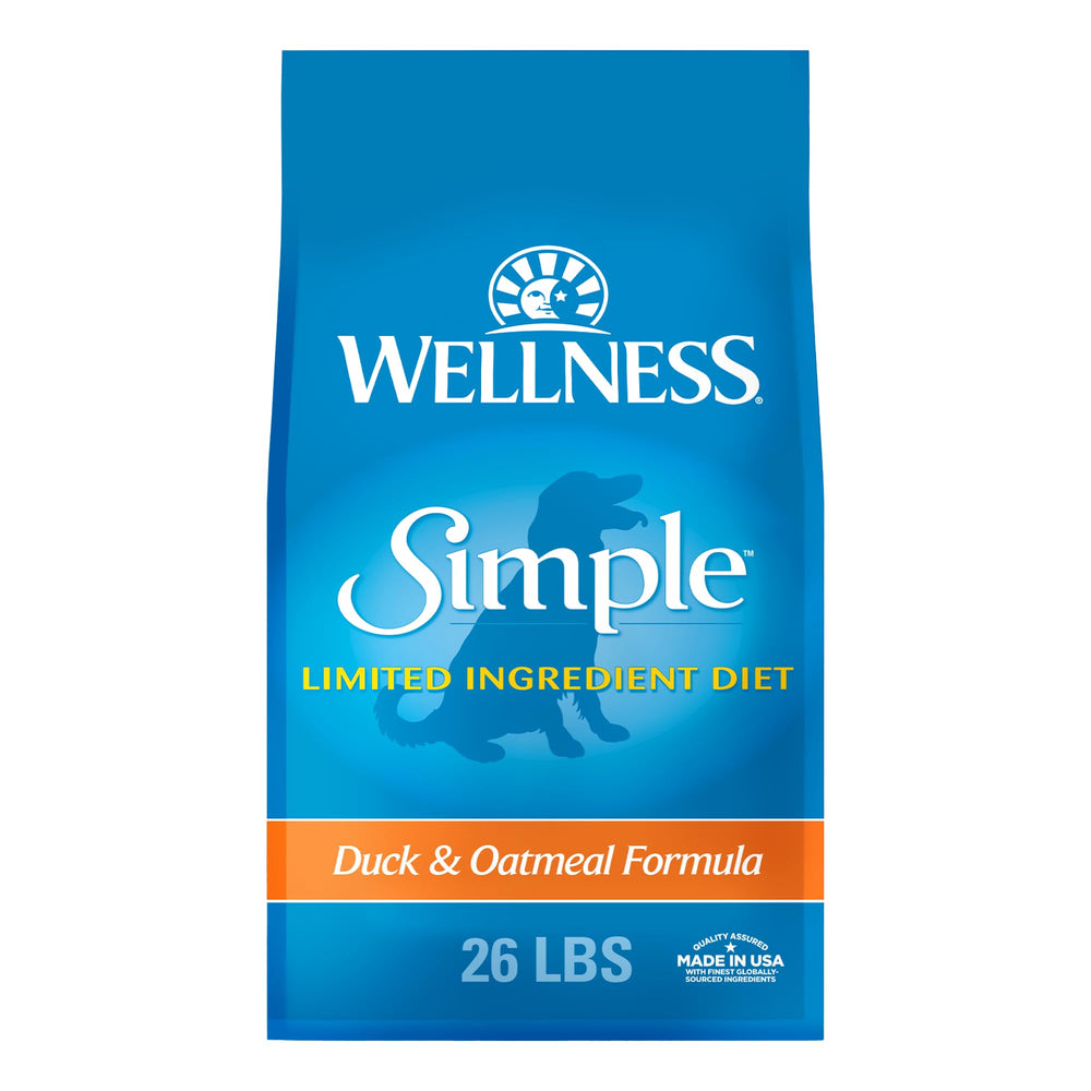 Wellness Simple Limited Ingredient Duck Dry Dog Food bag shows clean ingredients for sensitive stomachs.