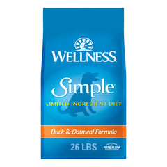 Wellness Simple Limited Ingredient Duck Dry Dog Food bag shows clean ingredients for sensitive stomachs.
