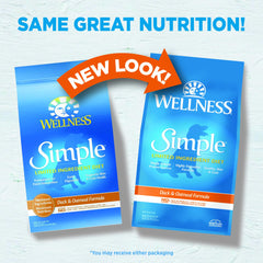 Wellness Simple Limited Ingredient Duck Dry Dog Food label highlights duck protein for sensitive digestion.