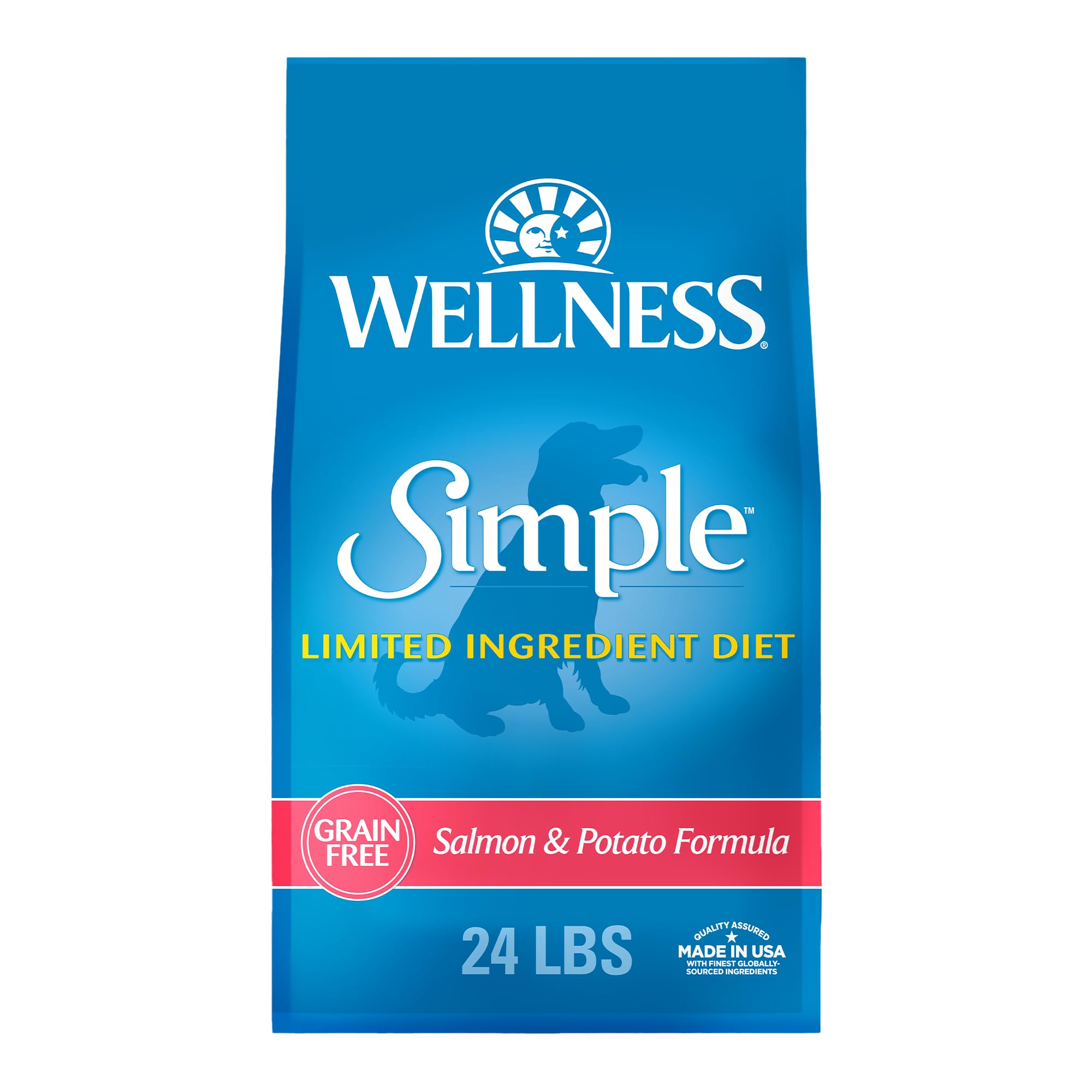 Wellness Simple Salmon Potato dog food bag shows high-quality protein for adult dogs