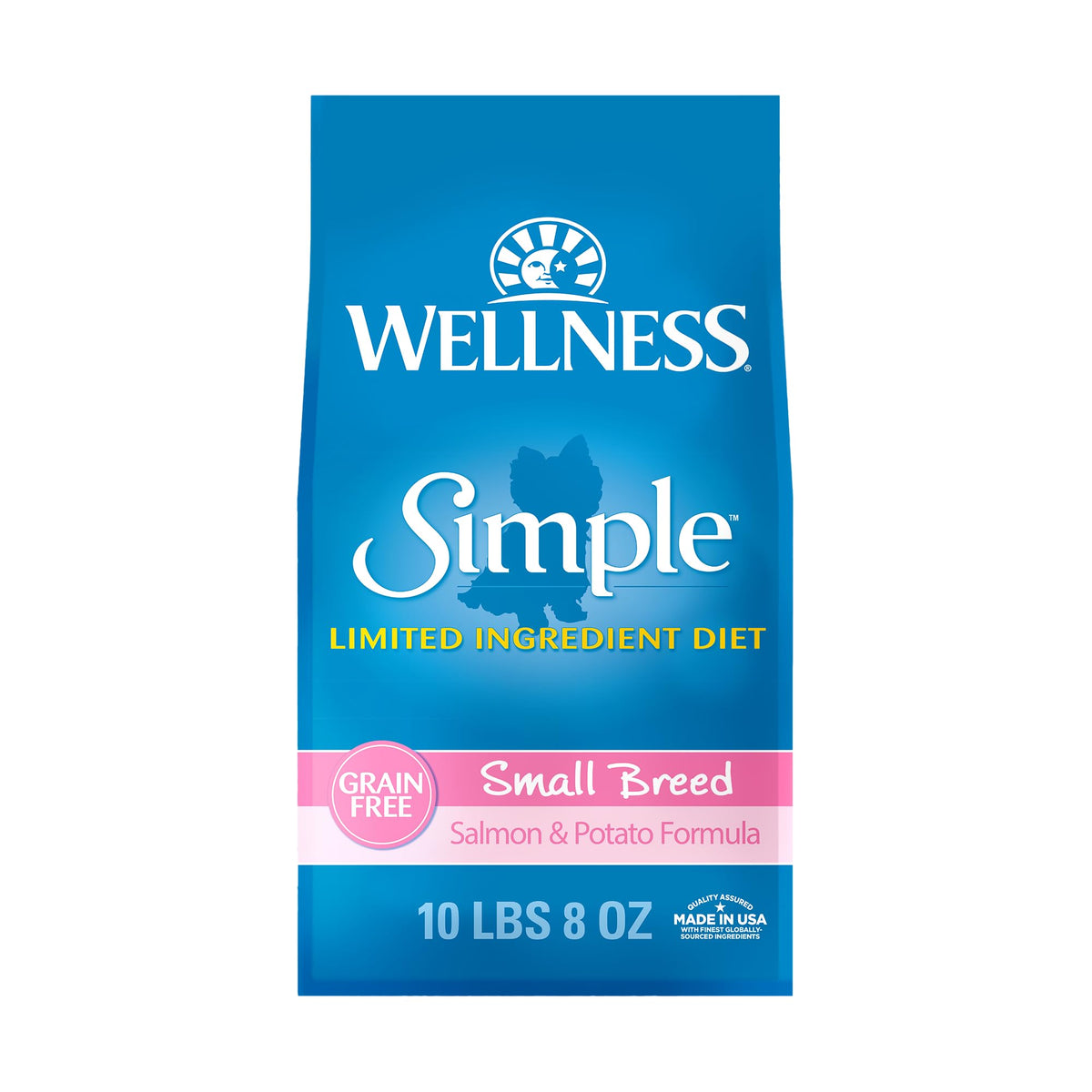 Wellness Simple small-breed salmon-potato kibble in bowl supporting gentle digestion.