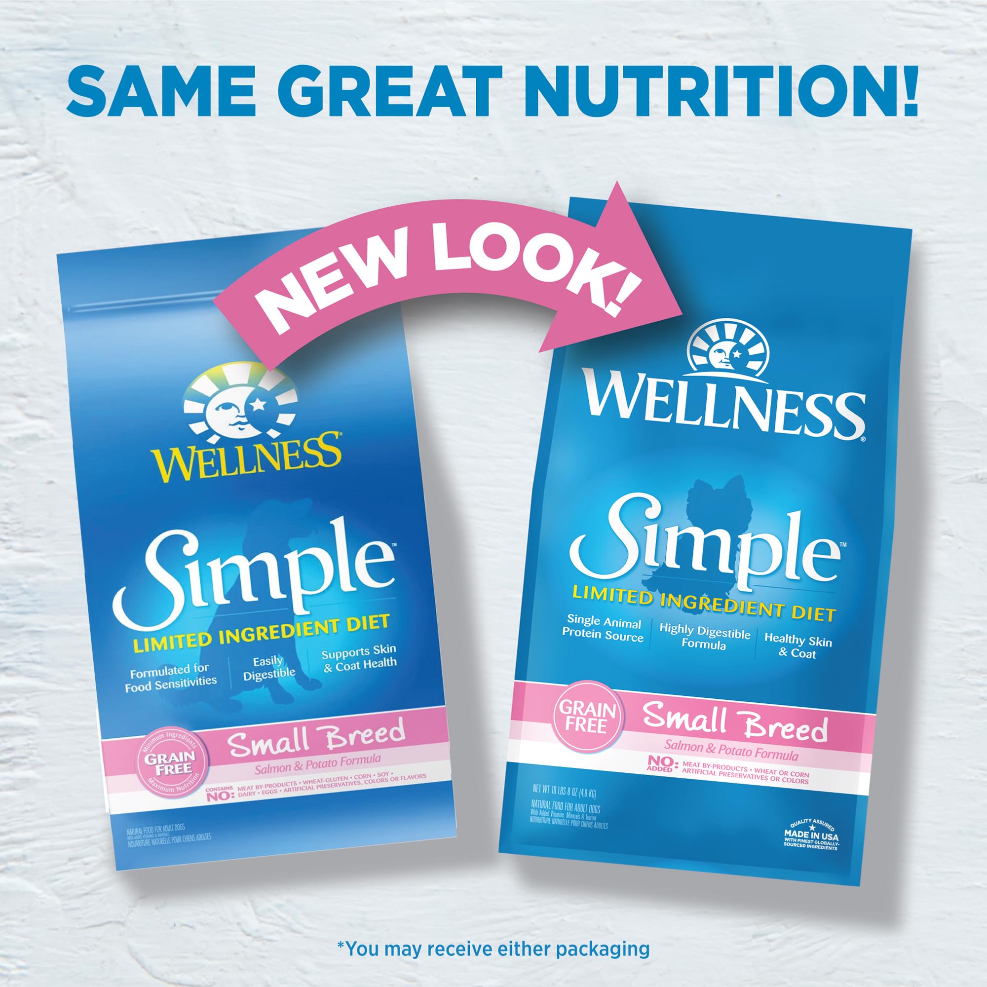 Wellness Simple salmon and potato dry dog food for sensitive stomachs.