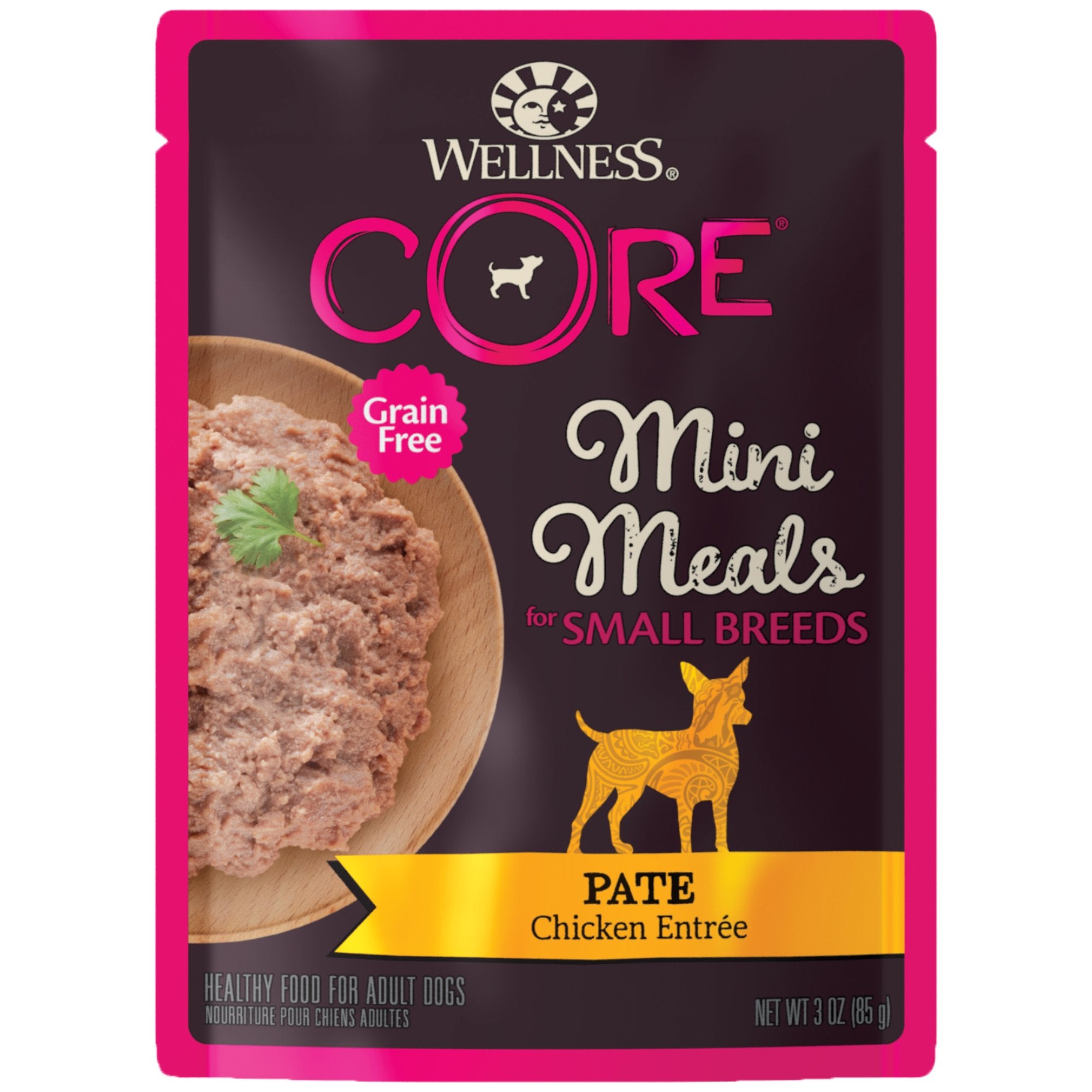 Wellness CORE small breed pate chicken entree pouch open for easy, mess-free feeding