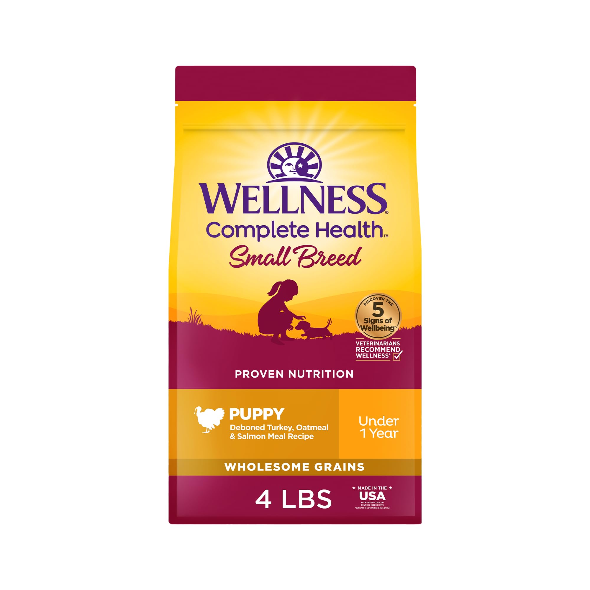 Wellness small-breed puppy dry food in bowl highlighting kibble texture for daily energy.