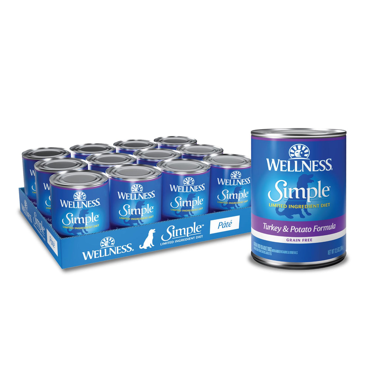 Wellness turkey-potato wet dog food can shows a single-protein option for sensitive dogs.