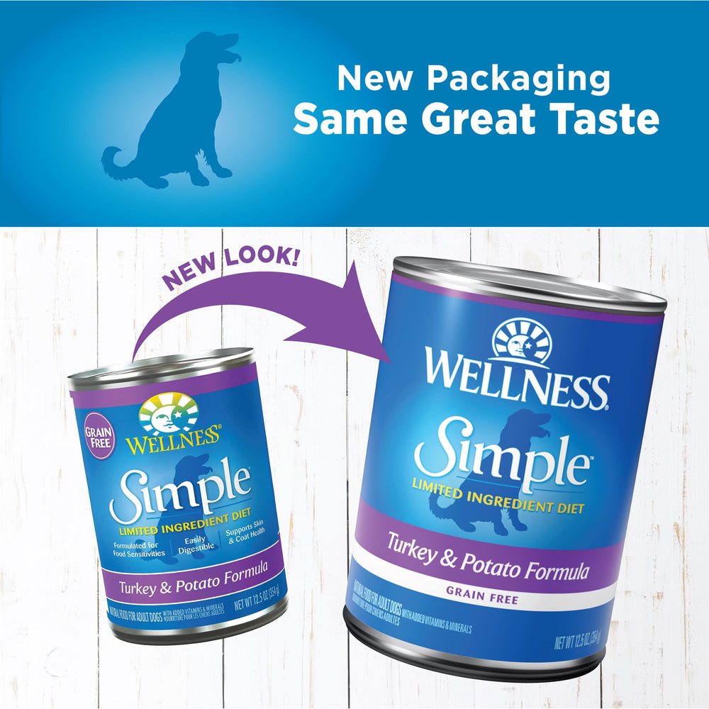 Wellness turkey-potato wet dog food pate closeup highlights smooth texture dogs enjoy.