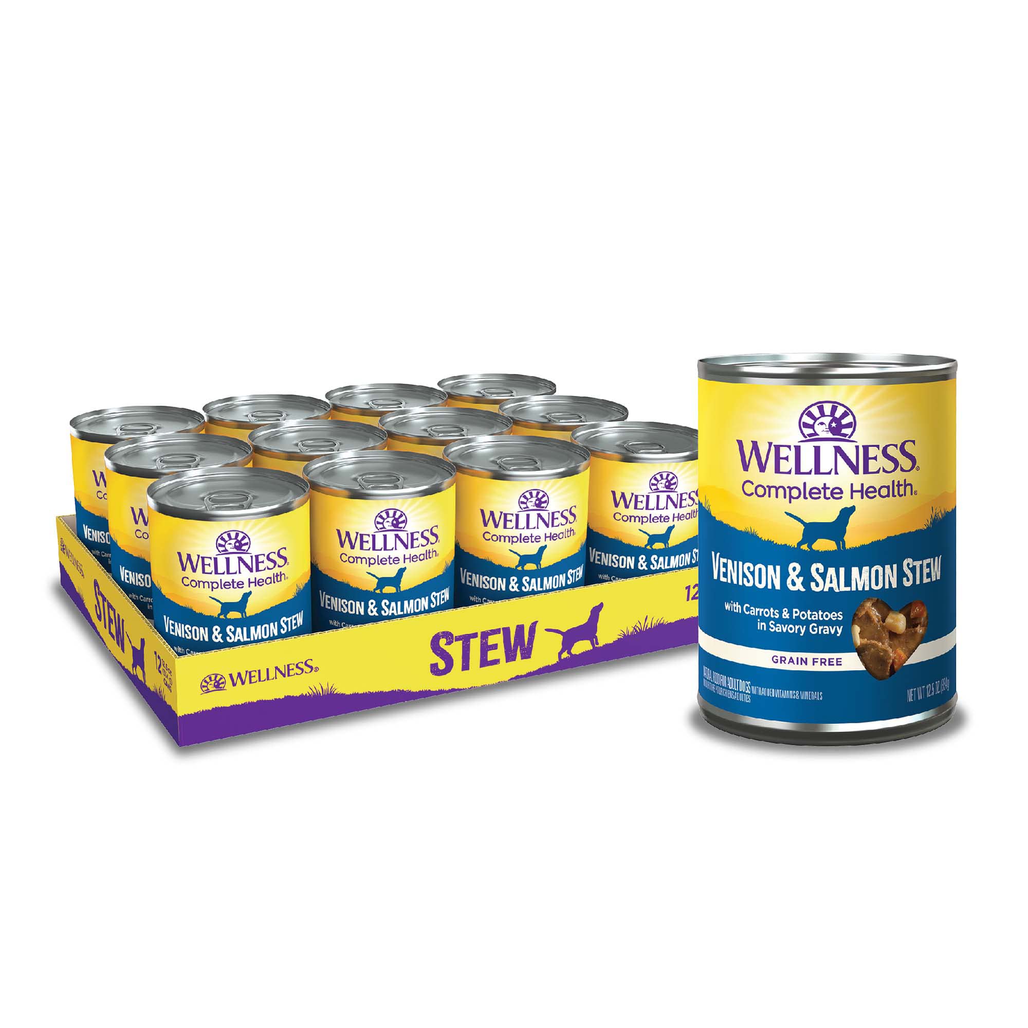 Wellness Venison-Salmon Stew front can, 12.5 oz, ready to serve.