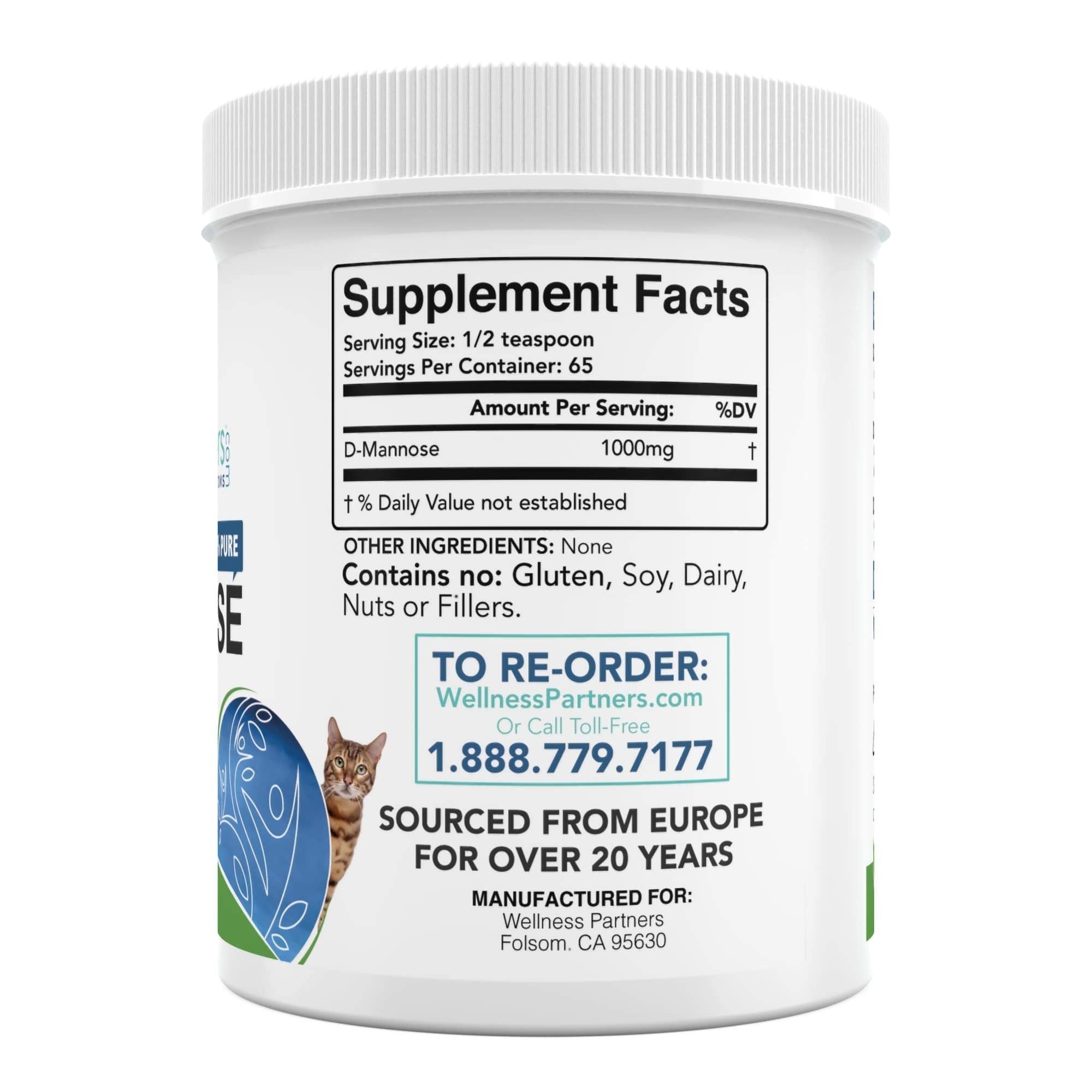WellnessPartners D-Mannose powder European-sourced label on packaging.