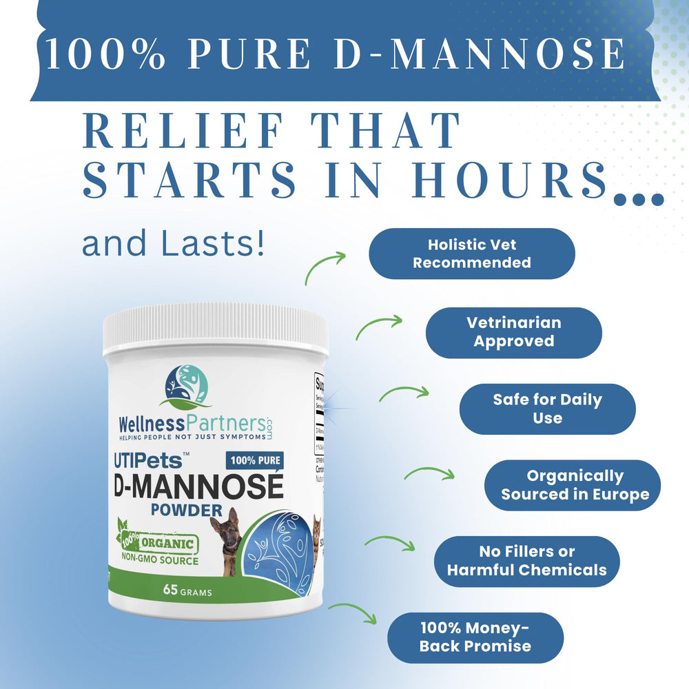 WellnessPartners Pet care D-Mannose jar on kitchen counter.