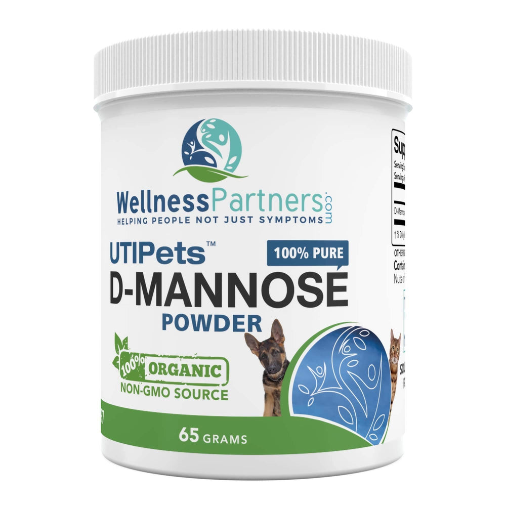 WellnessPartners UTI Pets D-Mannose powder bottle closeup for daily pet care.
