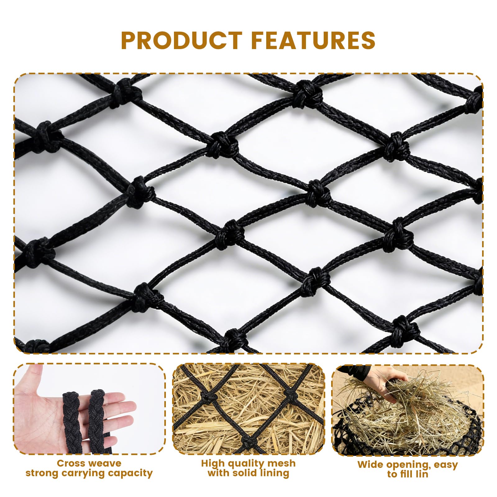 Wellovar hay net features dual-handle rings for quick hanging setup.