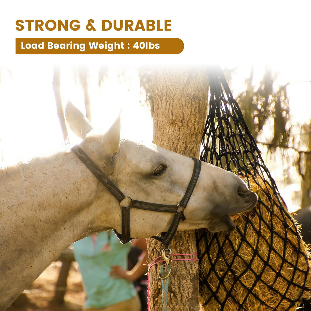 Wellovar knotless hay net protects horse muzzles for gentle meals.
