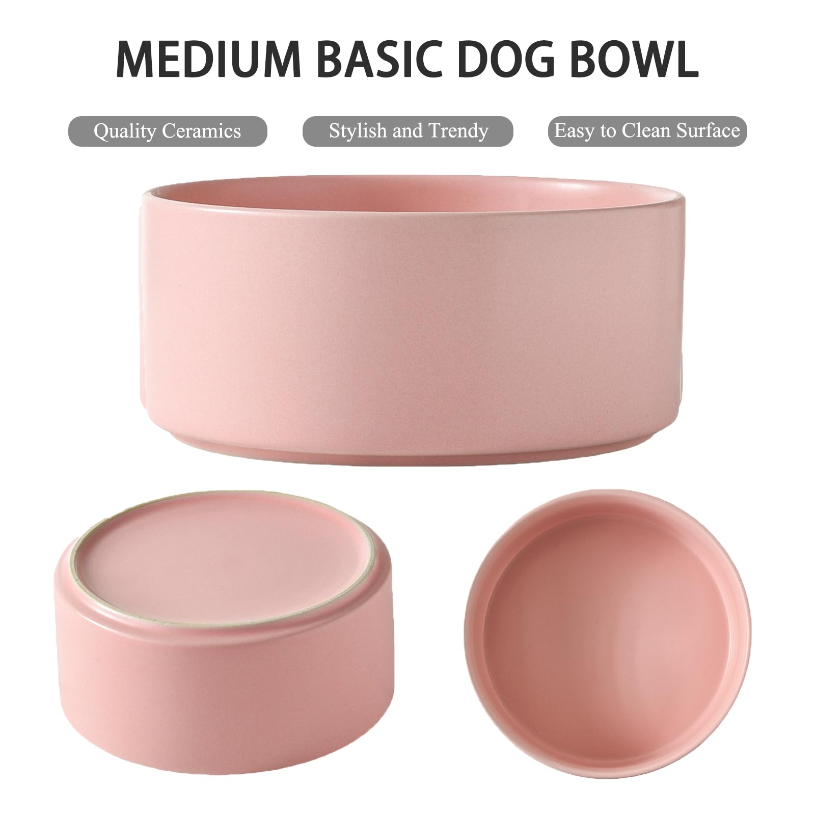 Welloyed pink ceramic dog bowl front view showing smooth glaze