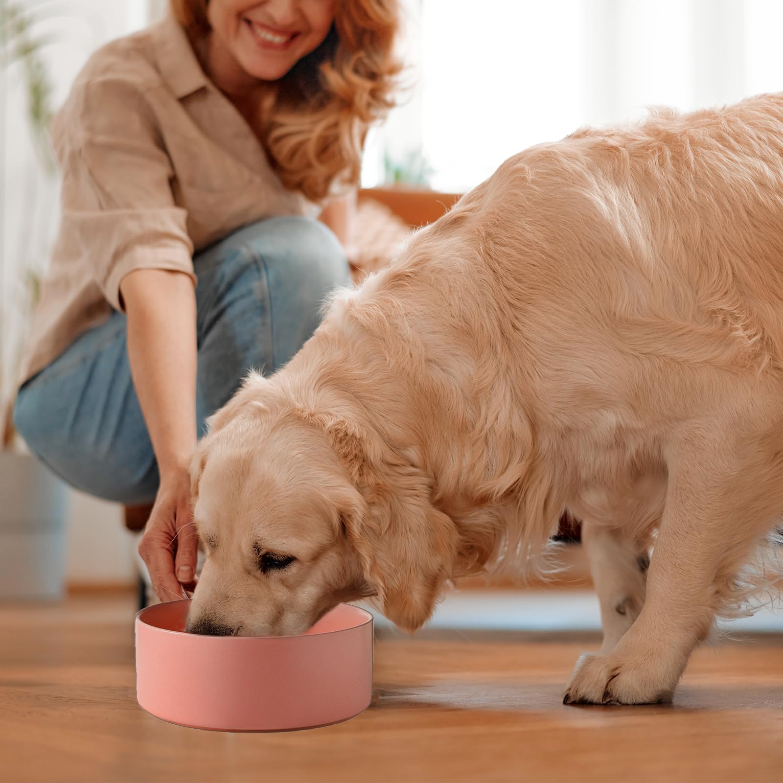 Welloyed pink ceramic dog bowl close-up showing glossy glaze and sturdy walls