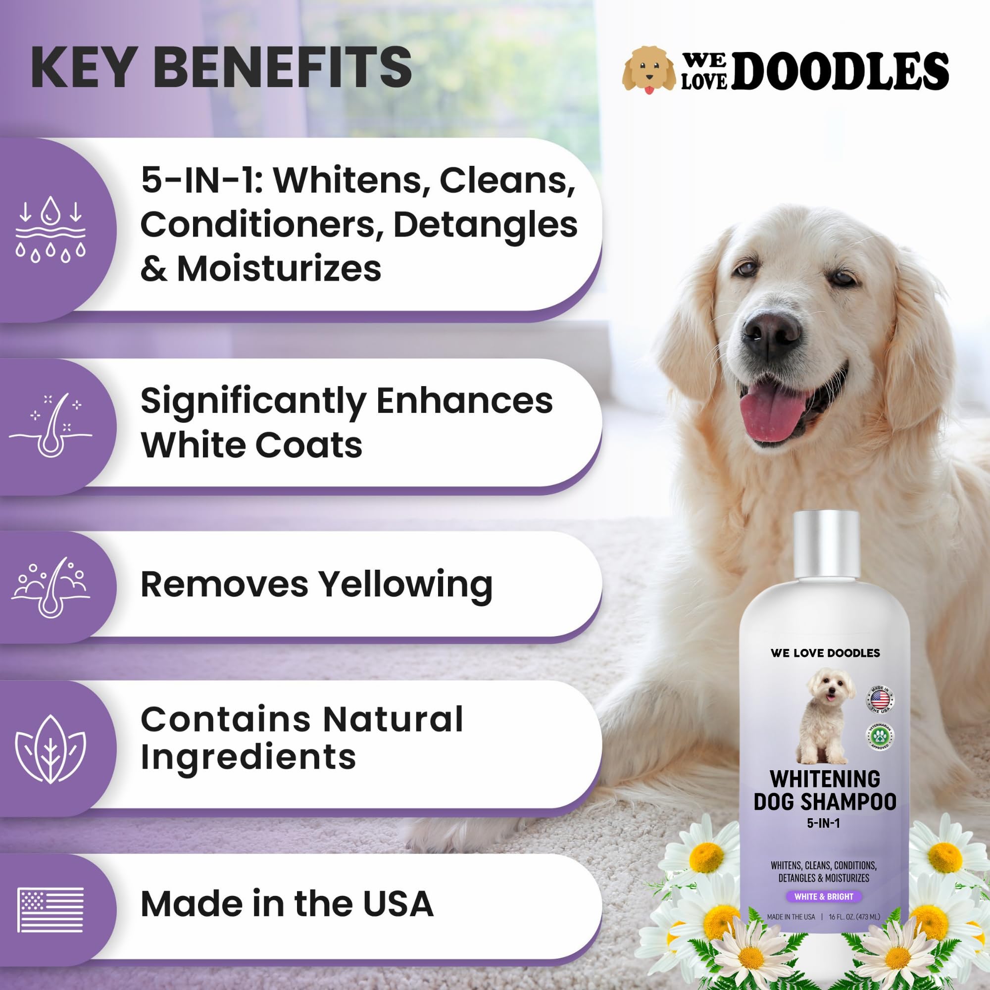 Before and after showing brighter white fur with We Love Doodles.