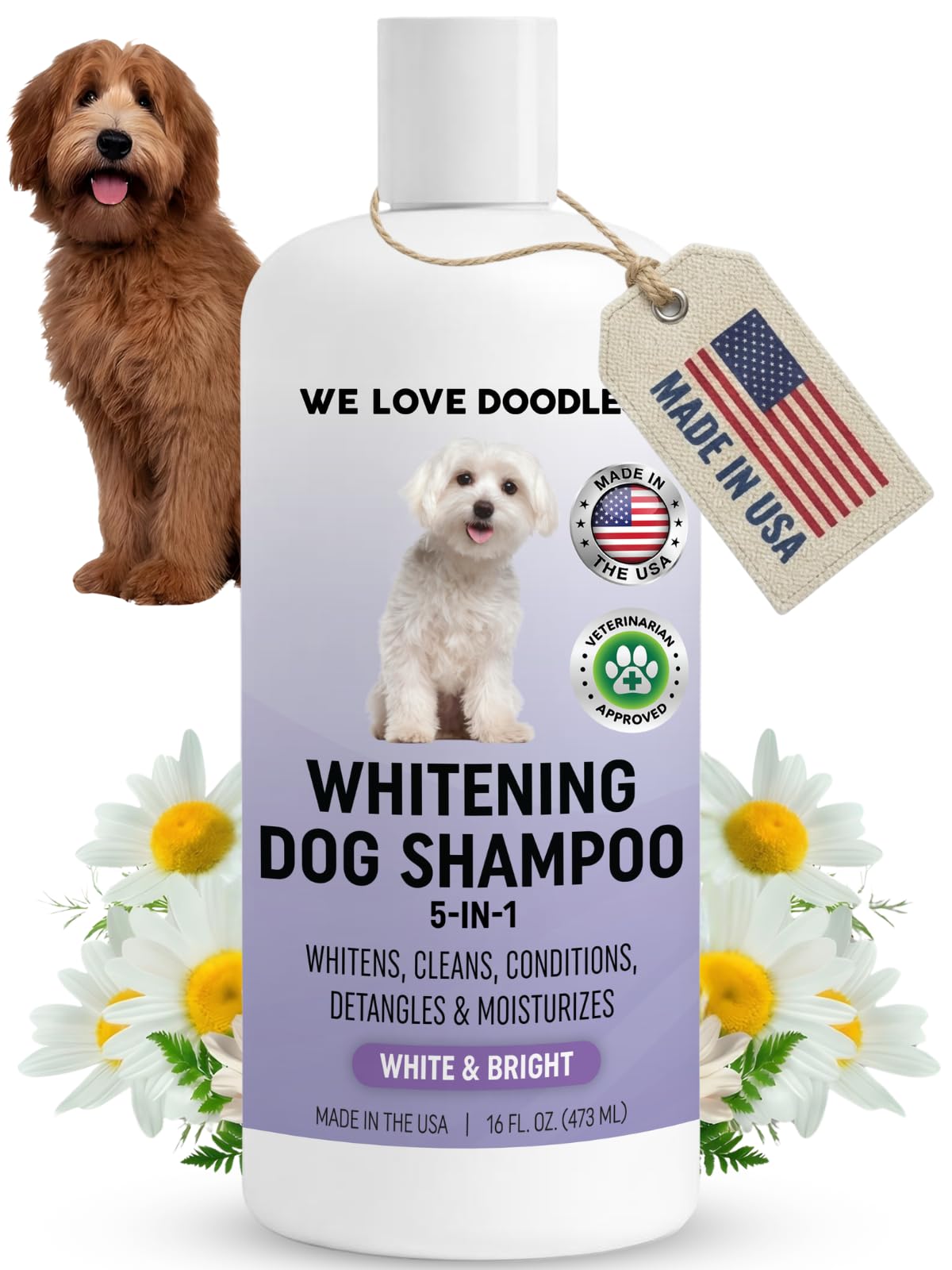 We Love Doodles whitening shampoo bottle for brighter coats.