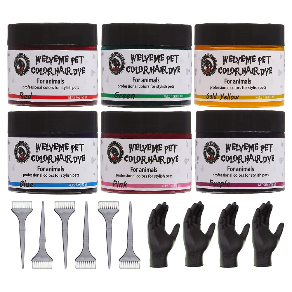 WELYEME pet hair dye set packaging with six color bottles for creative grooming.