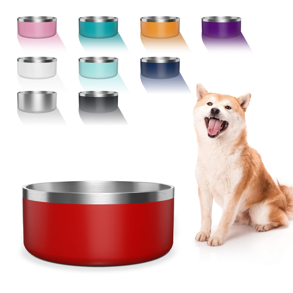 WENBOKMIN 64oz red stainless steel dog bowl with anti-slip base for quiet meals.