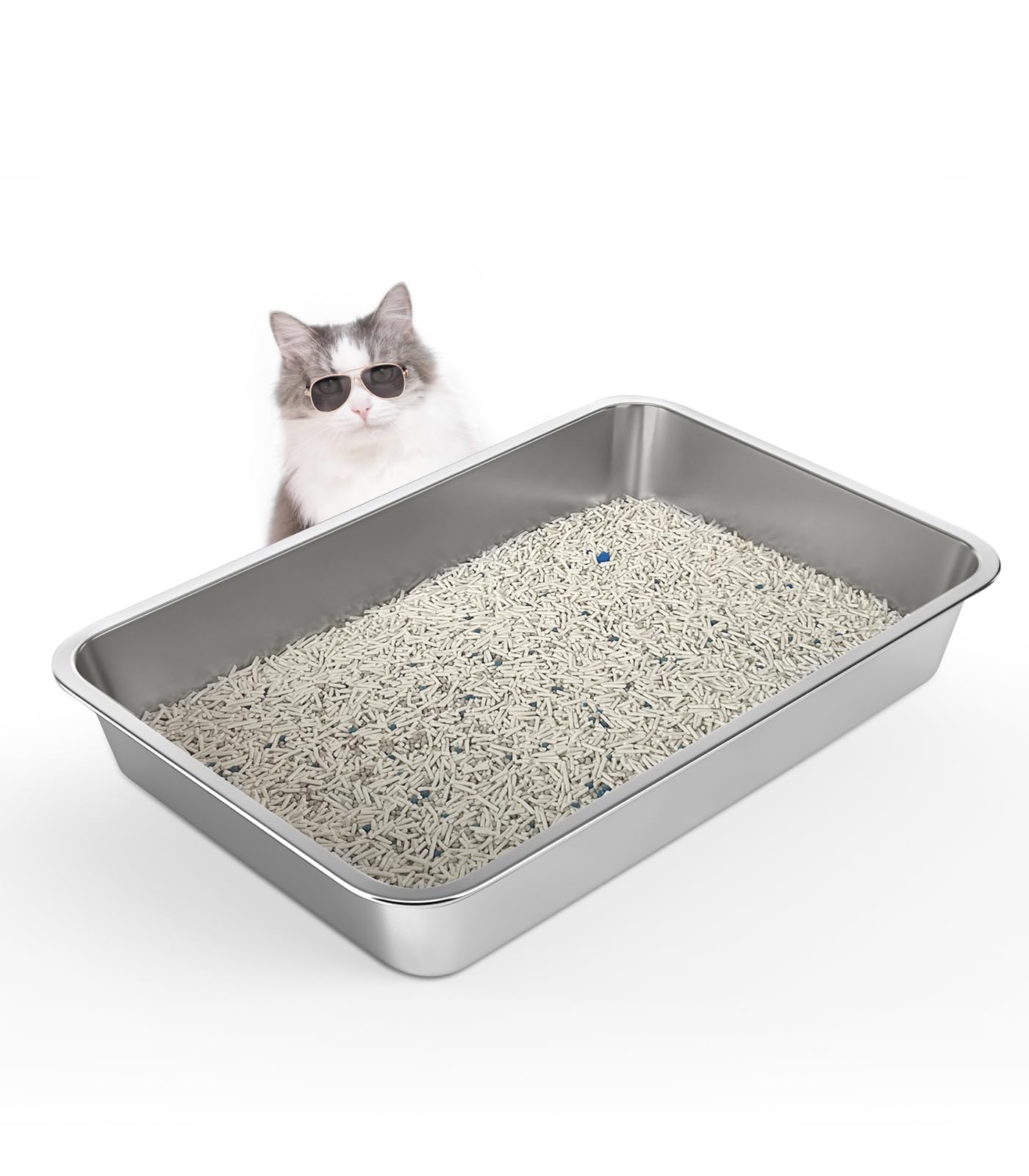 WENBOKMIN stainless steel cat litter box seen from front view, durable and easy to clean.