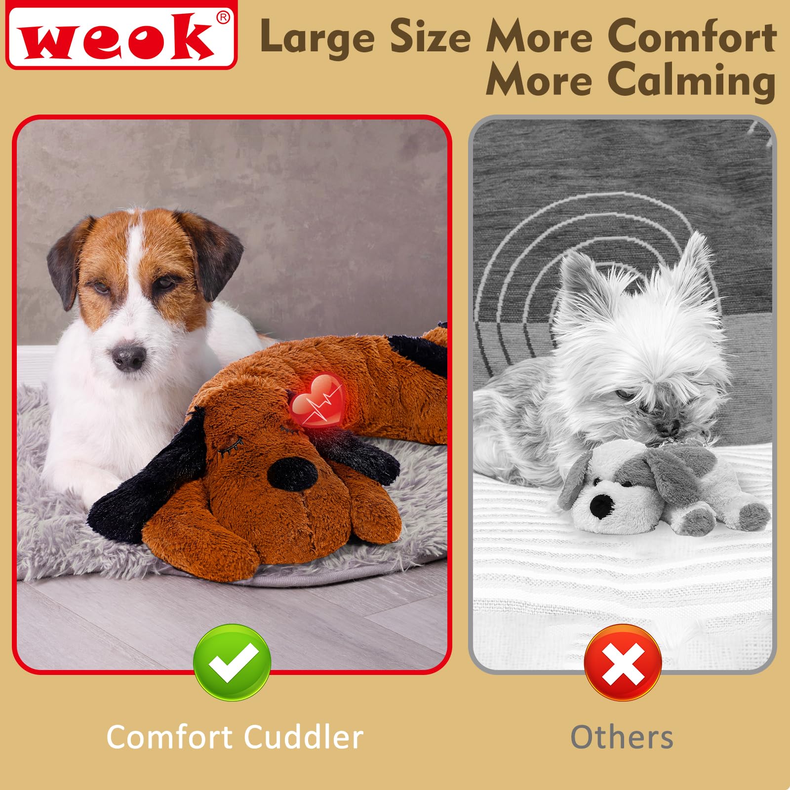 WEOK heartbeat toy for all dogs and cats highlights versatile anxiety relief.