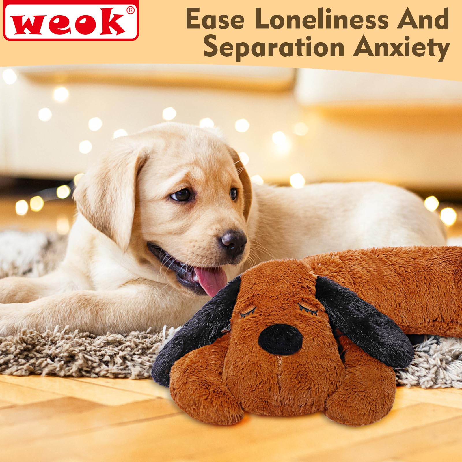 WEOK heartbeat toy crate training demonstrates a comforting partner during crate routines.