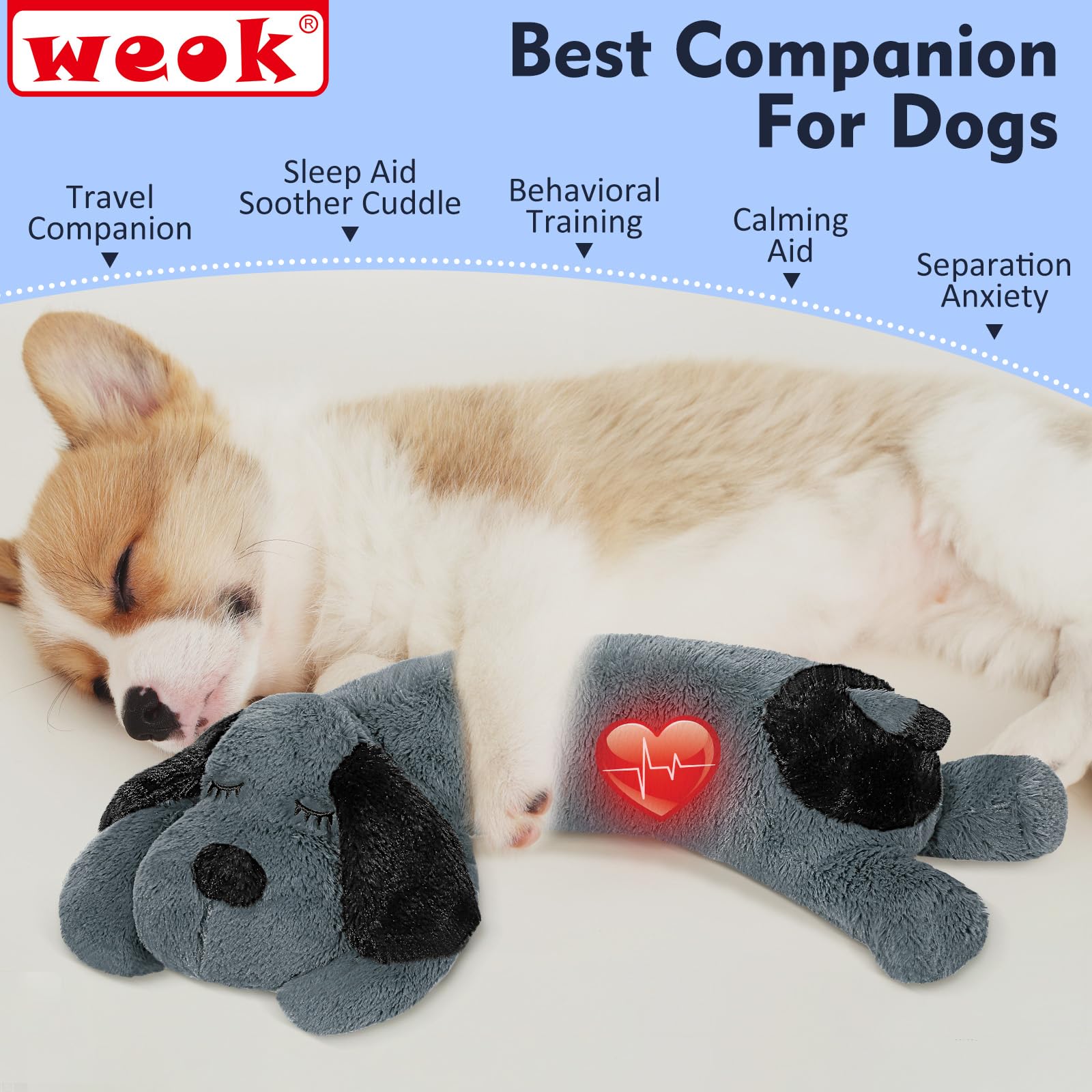 WEOK heartbeat plush dog toy highlights soft texture and calming presence for anxious pets.