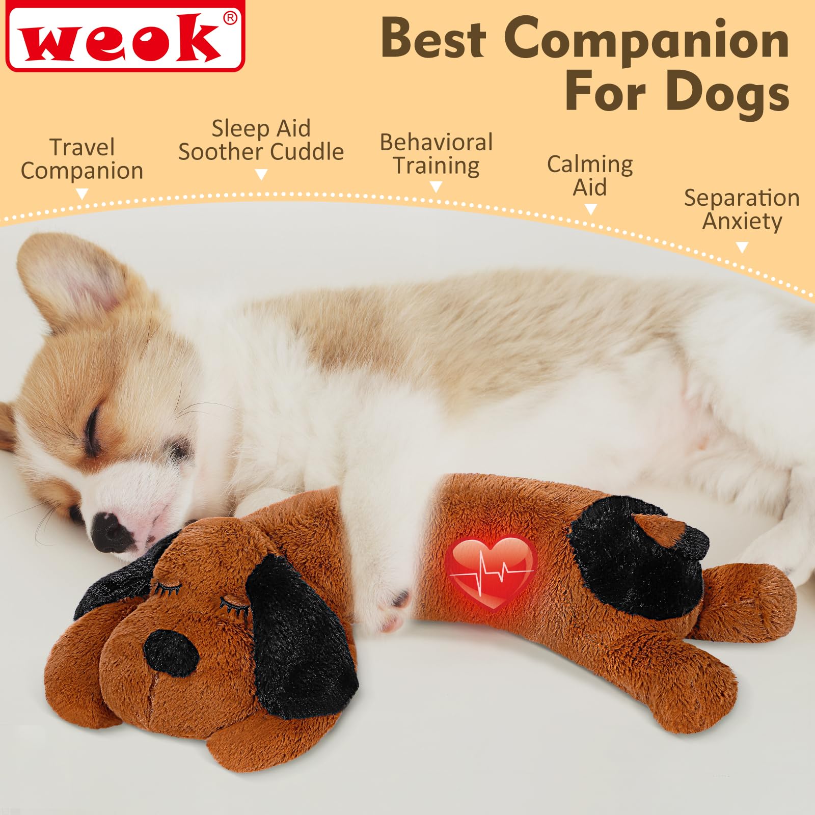 WEOK heartbeat toy sleep aid helps dogs settle at night with a reassuring rhythm.