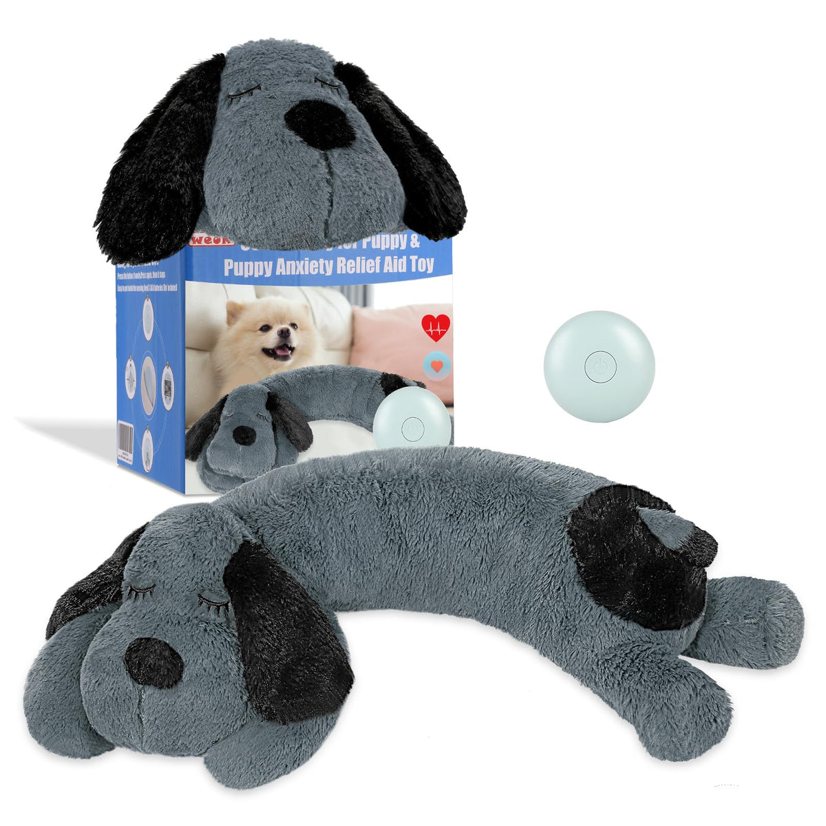 WEOK puppy heartbeat toy close-up with plush fabric and heartbeat module for comfort.