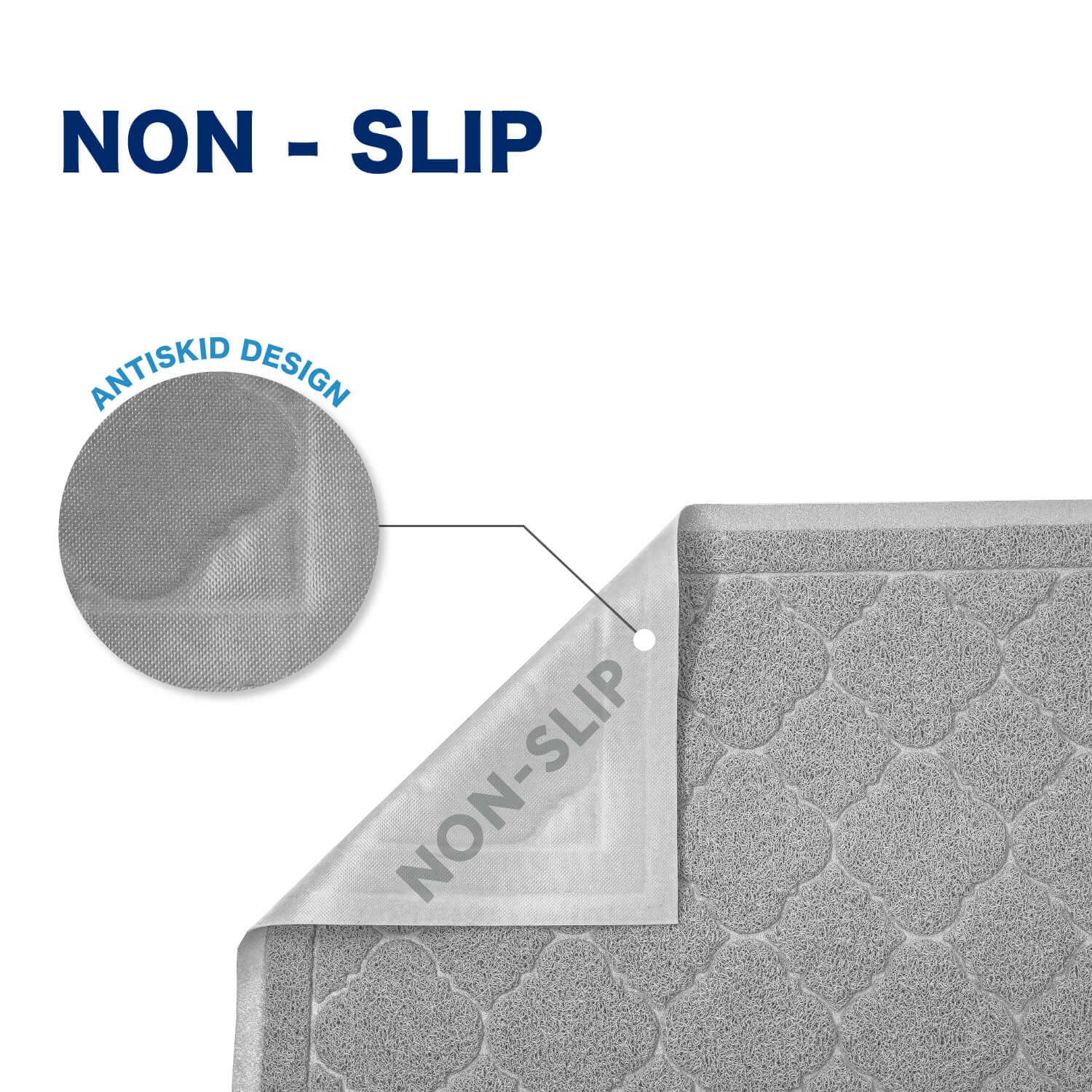 WePet litter mat with non-slip back stays in place for confident use.