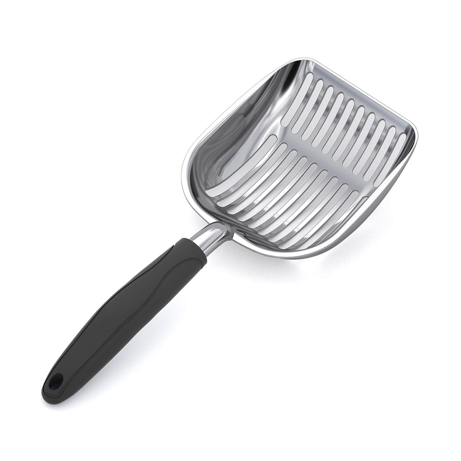 WePet cat litter scoop in polished aluminum with long handle for easy waste removal