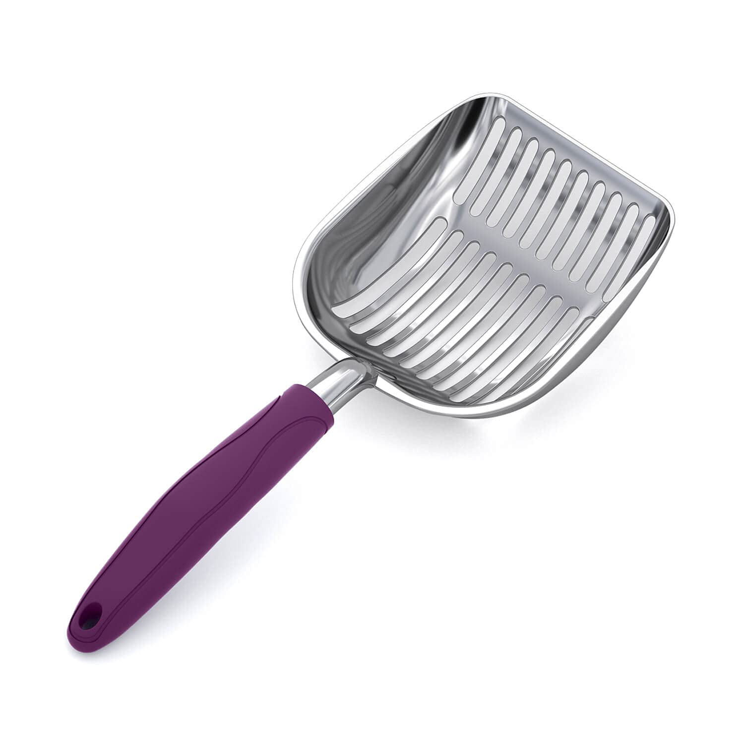 WePet cat litter scoop with aluminum alloy body and violet handle for easy cleanup.
